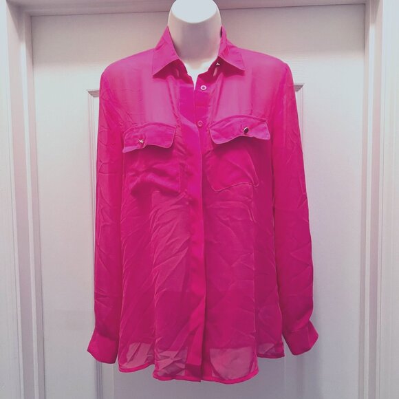 Bisou Bisou-NWT- Women's Long Sleeve Hot Pink Button Up Blouse-XS-Slit Up Back - Picture 2 of 16